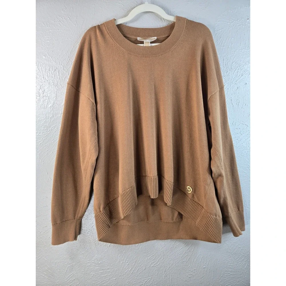 Michael Kors Sweater XL Brown Oversized Slouchy High Low Crew Neck Pullover Knit